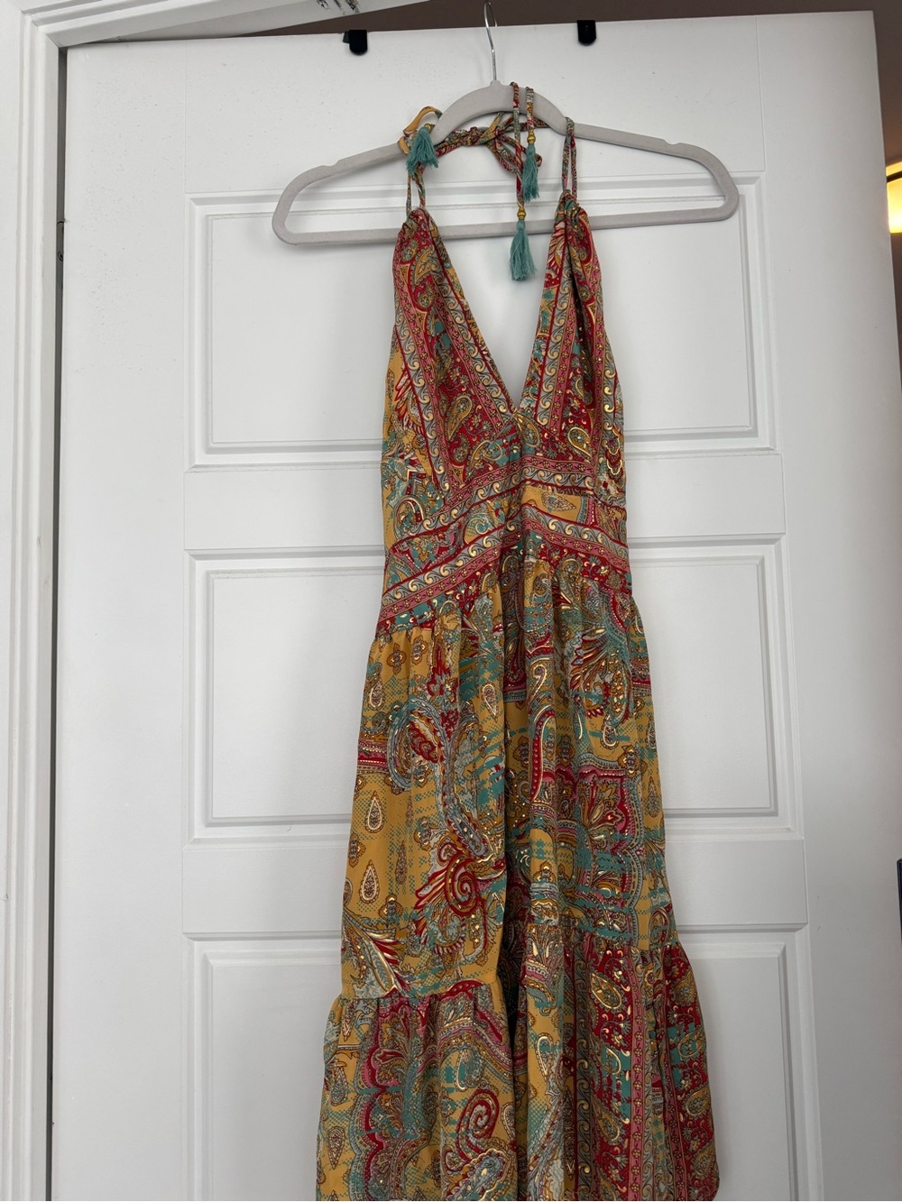 Bohemian Halter Midi Dress in Mustard Paisley - Picture 4 of 6